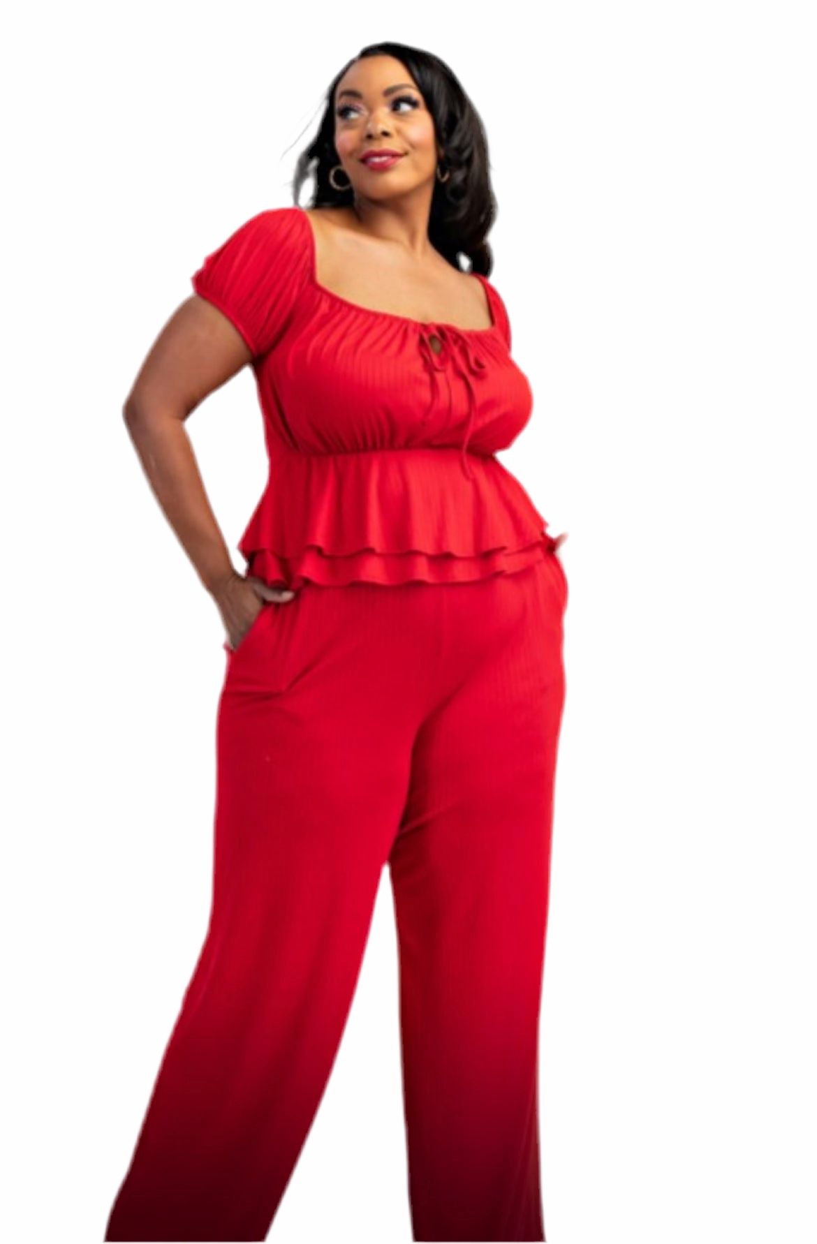 Final Sale Plus Size 2pc Ribbed Peplum Top and Pants Set in Red SnagFreeFabric Abrasion Resistant Panels