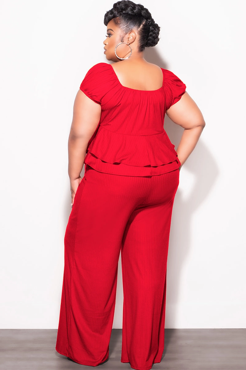 Multi-Purpose Wear Ready For Action Final Sale Plus Size 2pc Ribbed Peplum Top and Pants Set in Red