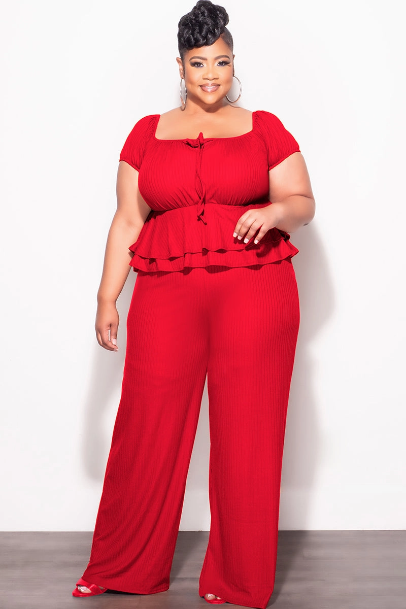 Final Sale Plus Size 2pc Ribbed Peplum Top and Pants Set in Red Flattering Cut