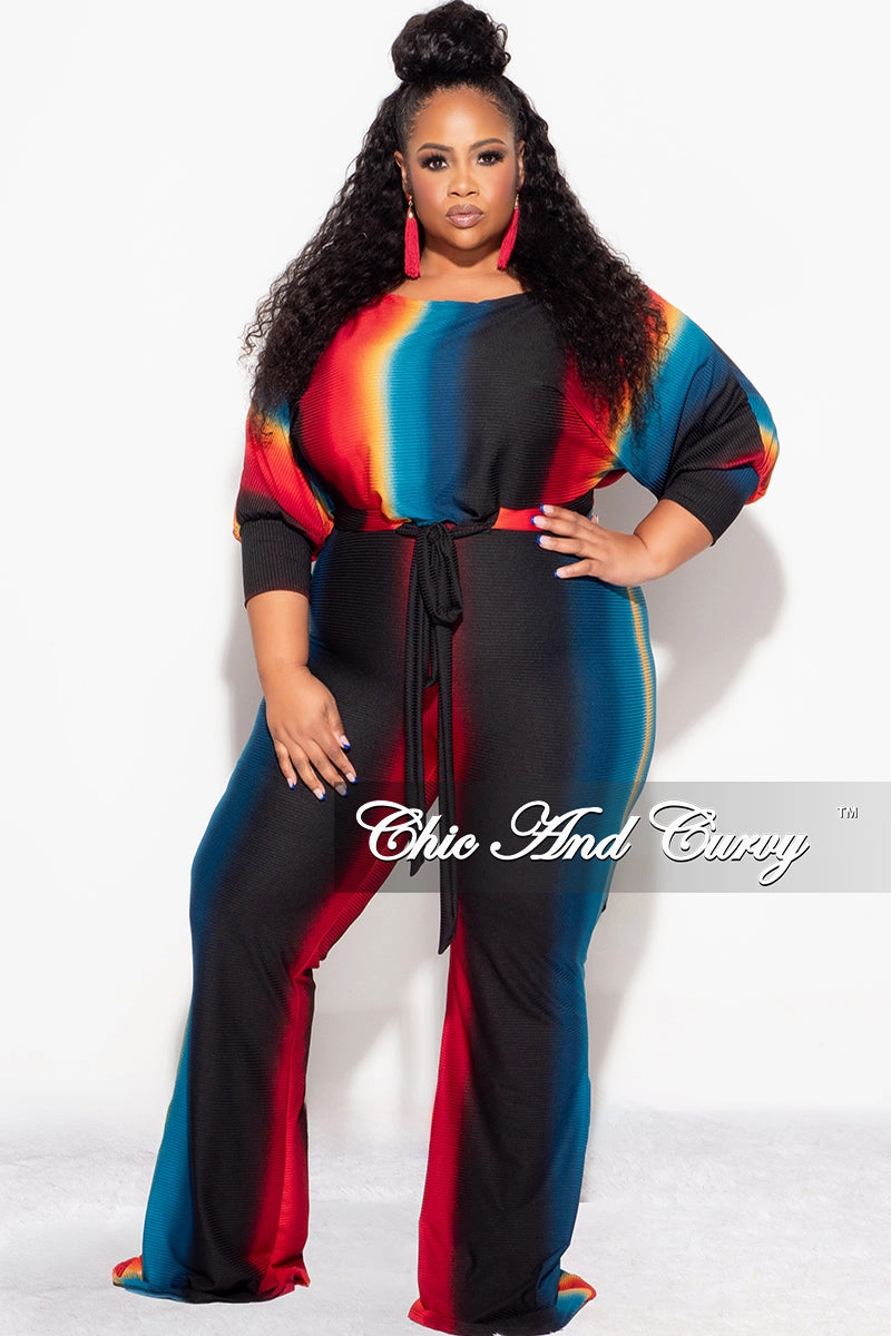 Full Comfort Weather Flex Final Sale Plus Size 2pc Ribbed Tie Top and Pants Set In Black, Teal & Red