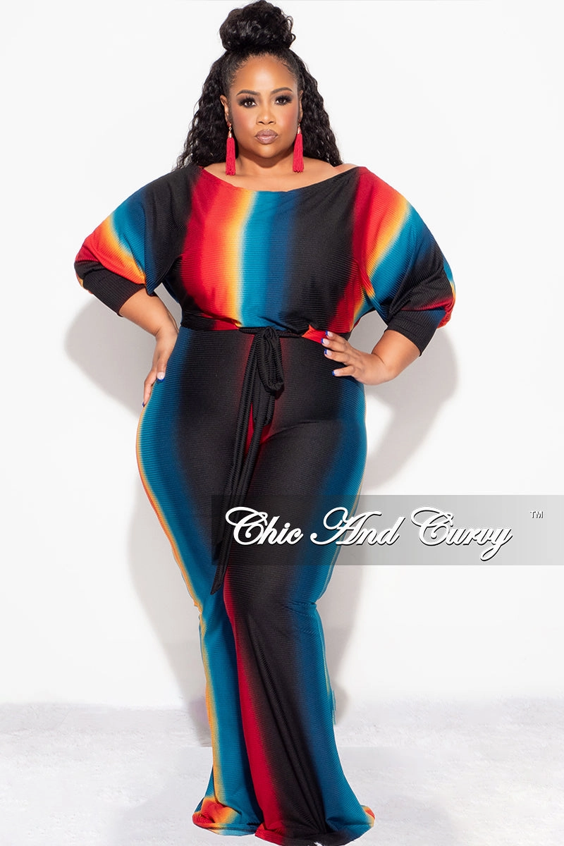 Final Sale Plus Size 2pc Ribbed Tie Top and Pants Set In Black, Teal & Red Sophisticated Look Day Wear