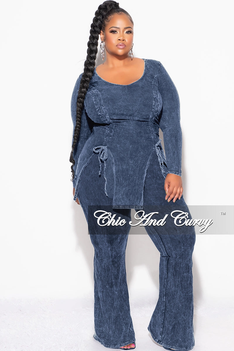 Roll-up style hypoallergenic material Final Sale Plus Size 2pc Ruched Drawstring Double Slit Top and Pants Set in Blue