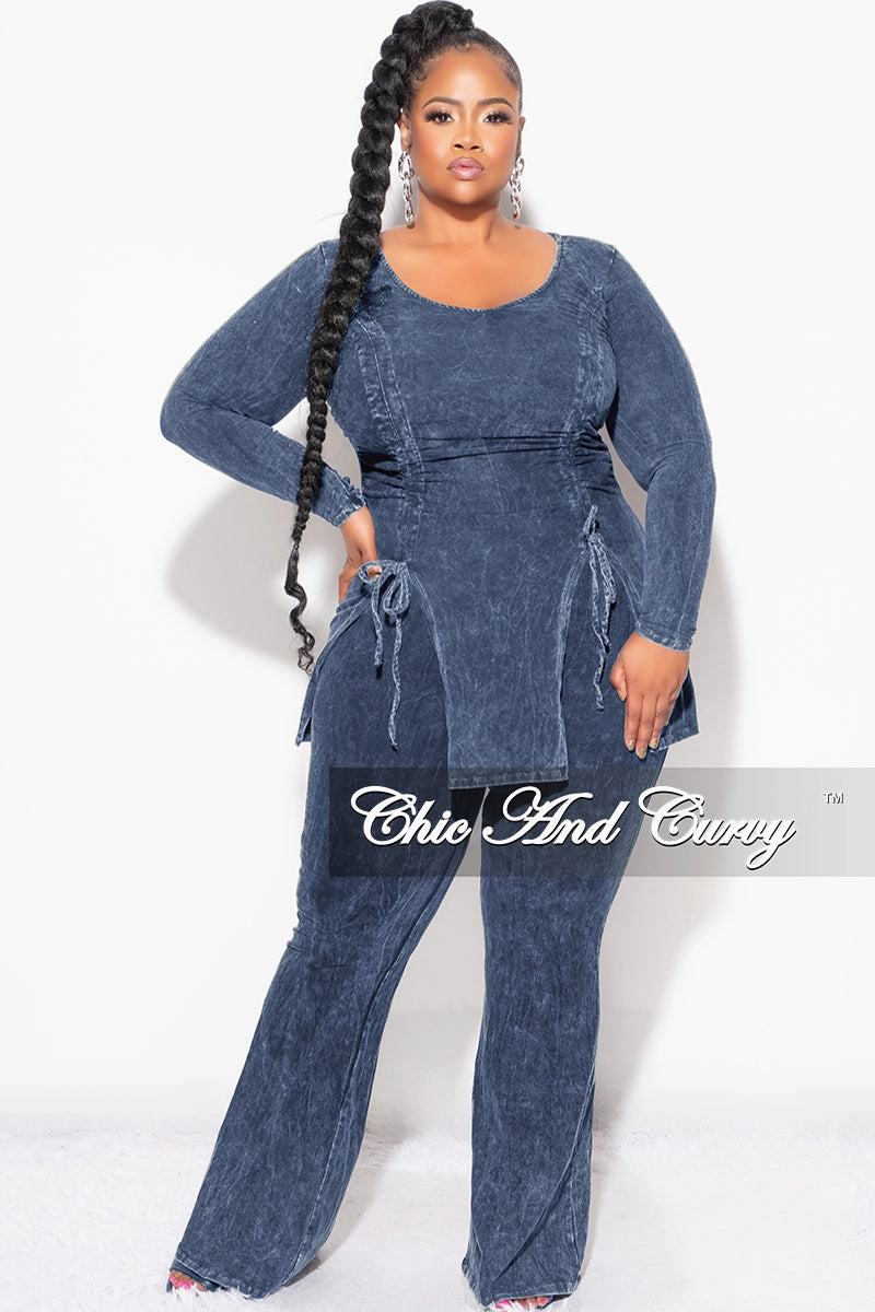 Final Sale Plus Size 2pc Ruched Drawstring Double Slit Top and Pants Set in Blue Easy Fit Metallic accents