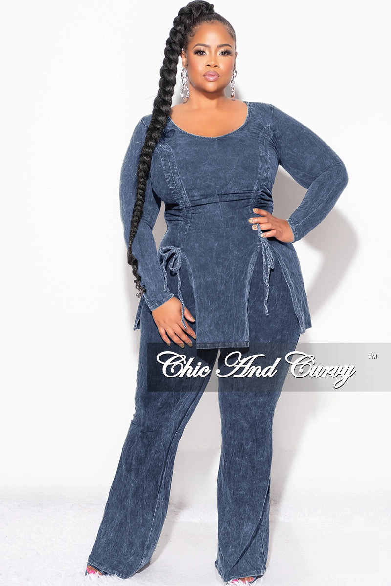 Final Sale Plus Size 2pc Ruched Drawstring Double Slit Top and Pants Set in Blue Form Fit Comfort AdjustableTabs