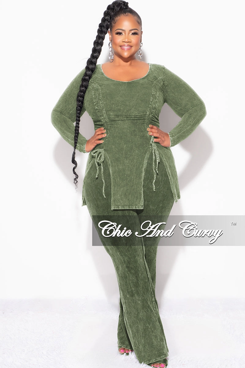 Final Sale Plus Size 2pc Ruched Drawstring Double Slit Top and Pants Set in Green Quick Conversion Hem Work Ready
