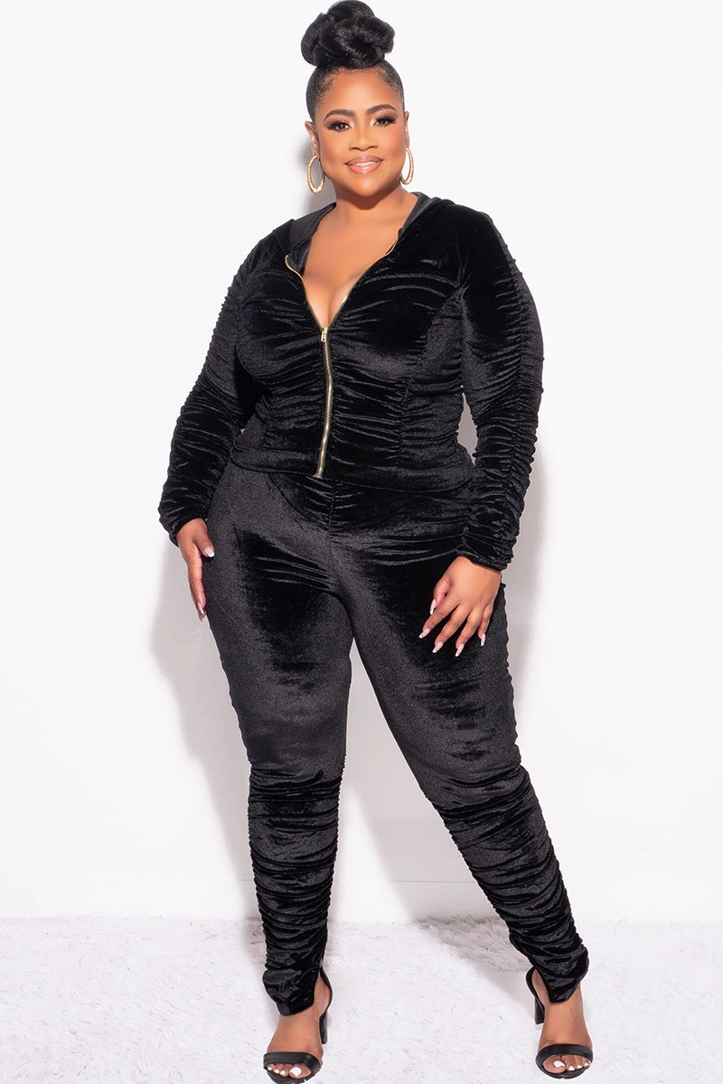 slim cut AntiSnagZippers Final Sale Plus Size 2pc Ruched Hooded Zip-Up Top and Pants Set in Black Velvet