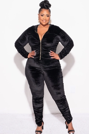 sporty wear Flexible Durability Final Sale Plus Size 2pc Ruched Hooded Zip-Up Top and Pants Set in Black Velvet