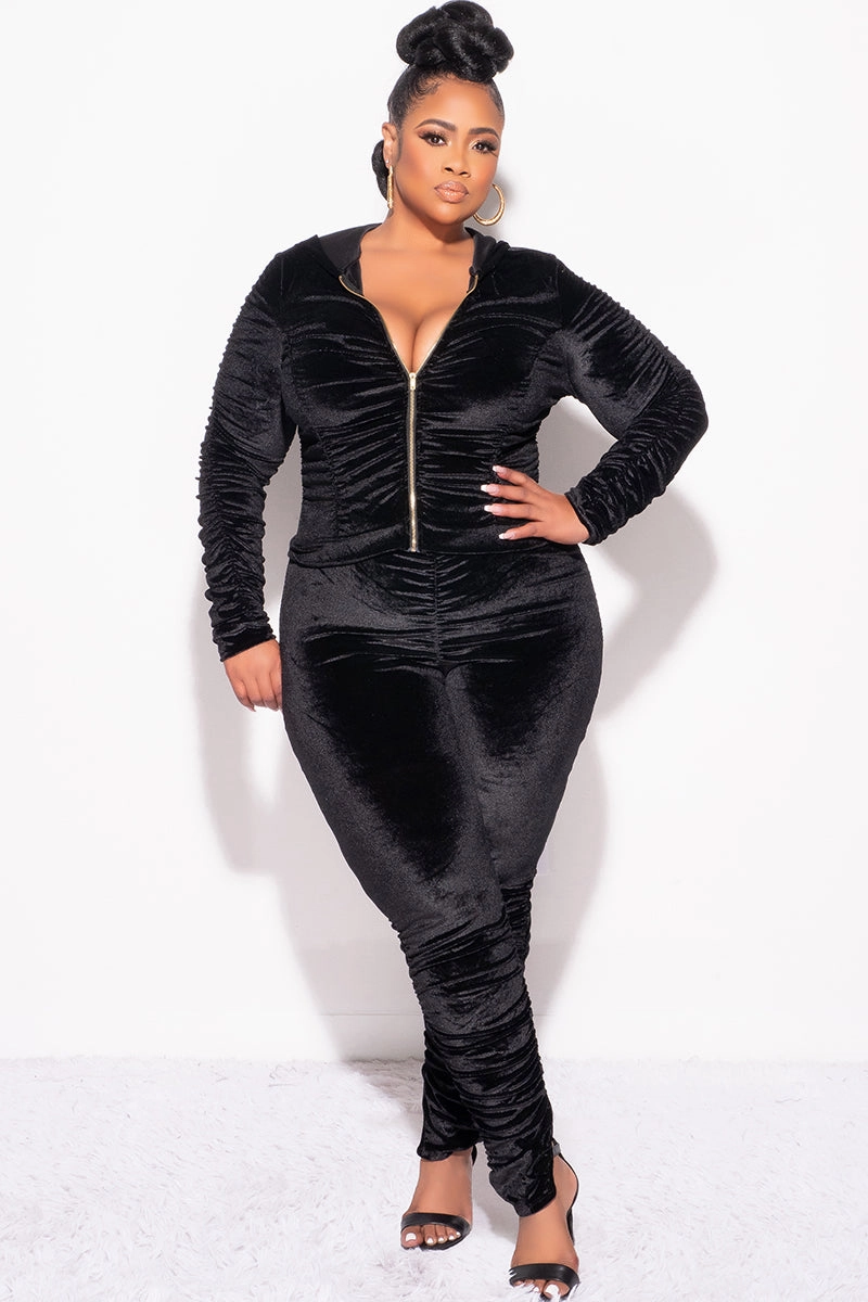 Final Sale Plus Size 2pc Ruched Hooded Zip-Up Top and Pants Set in Black Velvet Quick Wear Fit ReinforcedHemline