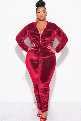Final Sale Plus Size 2pc Ruched Hooded Zip-Up Top and Pants Set in Burgundy Velvet SoftCottonBlend