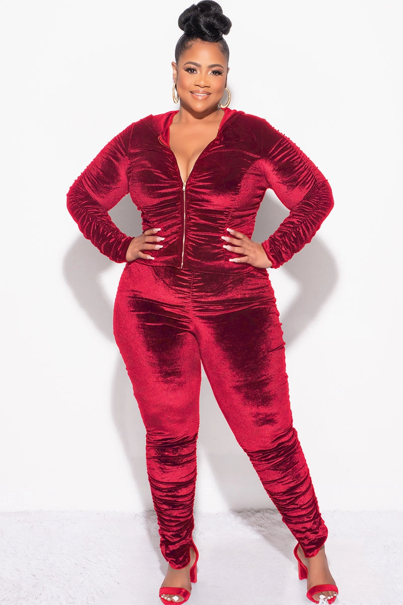 Sporty Design Final Sale Plus Size 2pc Ruched Hooded Zip-Up Top and Pants Set in Burgundy Velvet