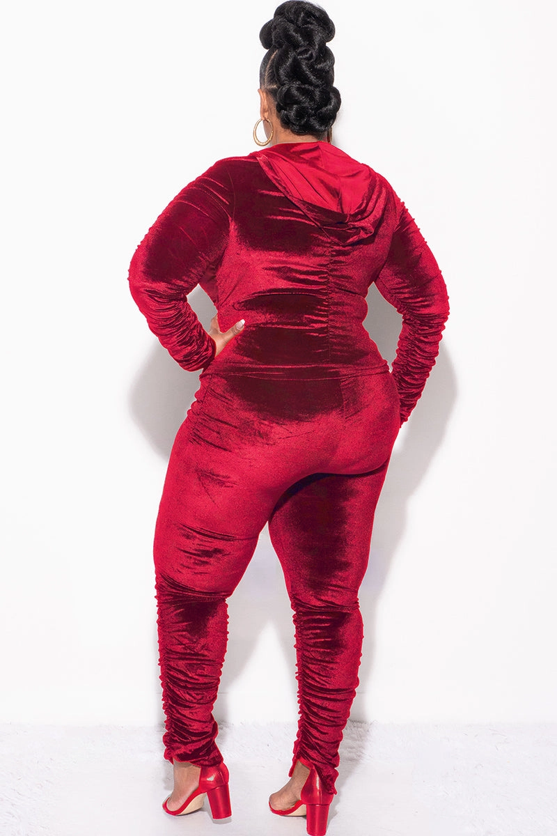 Final Sale Plus Size 2pc Ruched Hooded Zip-Up Top and Pants Set in Burgundy Velvet Light Shape Lightweight Design