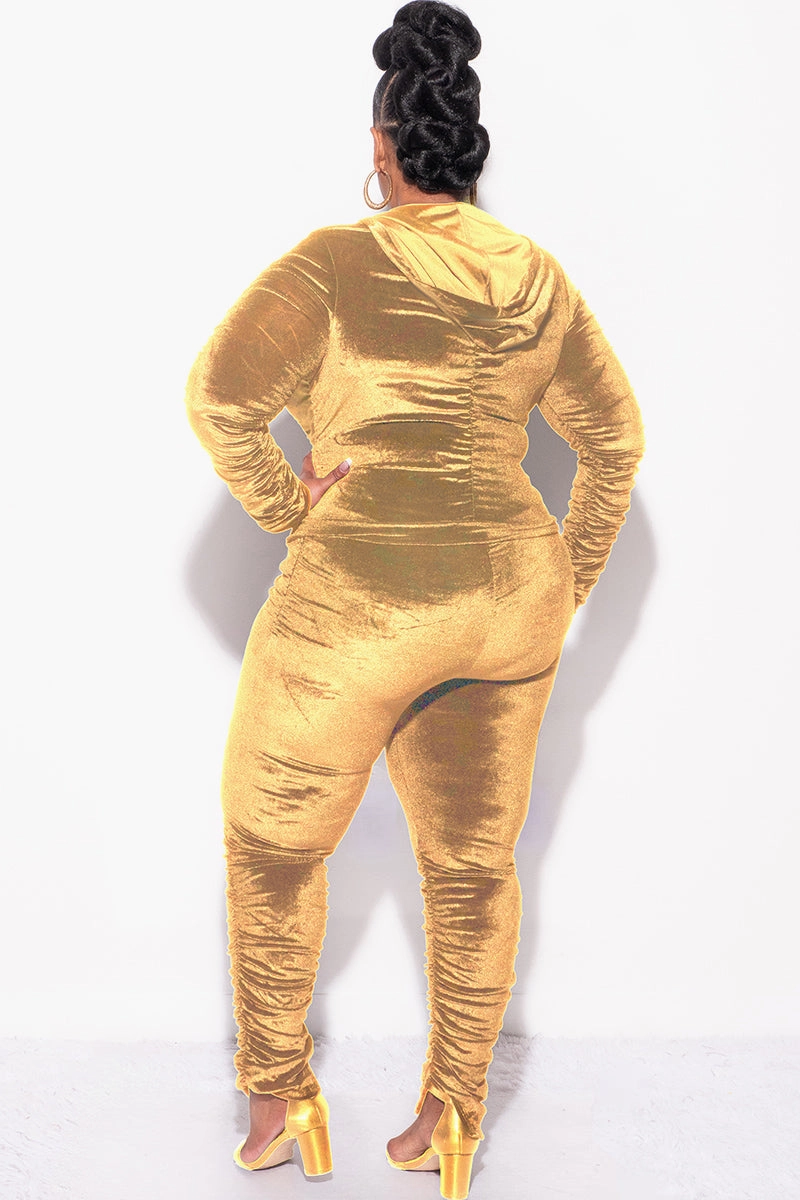 Breathable wear Final Sale Plus Size 2pc Ruched Hooded Zip-Up Top and Pants Set in Mustard Velvet