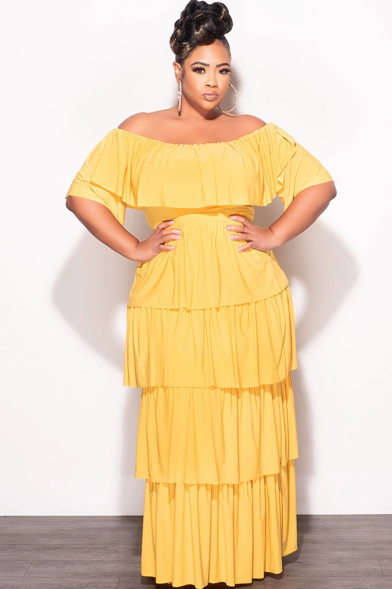 Flexible Layer Fit Breathable mesh lining Final Sale Plus Size 2pc Ruffle Tiered Off the Shoulder Crop Top Maxi Skirt Set in Mustard