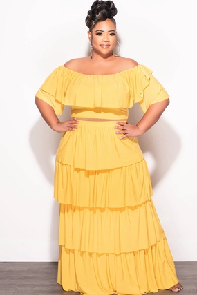 Final Sale Plus Size 2pc Ruffle Tiered Off the Shoulder Crop Top Maxi Skirt Set in Mustard Pull-on style