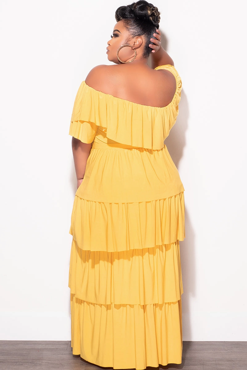 All Day Use Final Sale Plus Size 2pc Ruffle Tiered Off the Shoulder Crop Top Maxi Skirt Set in Mustard