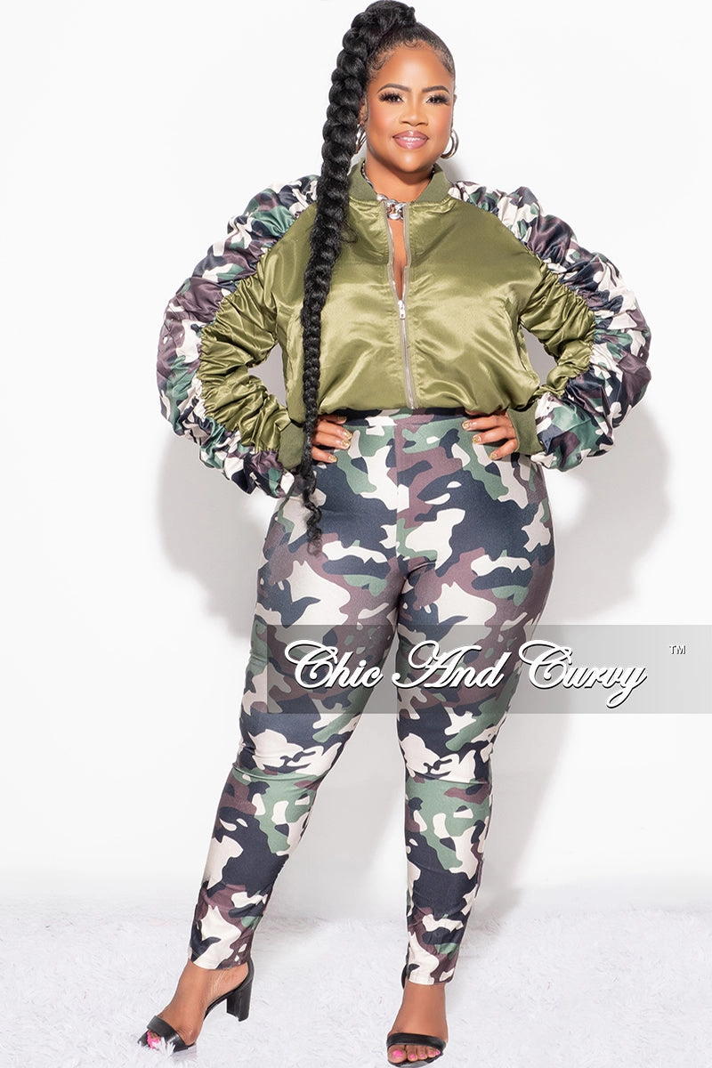 Zip Pocket Final Sale Plus Size 2pc Satin Crop Zip Up Jacket and Legging Set in Camouflage Print