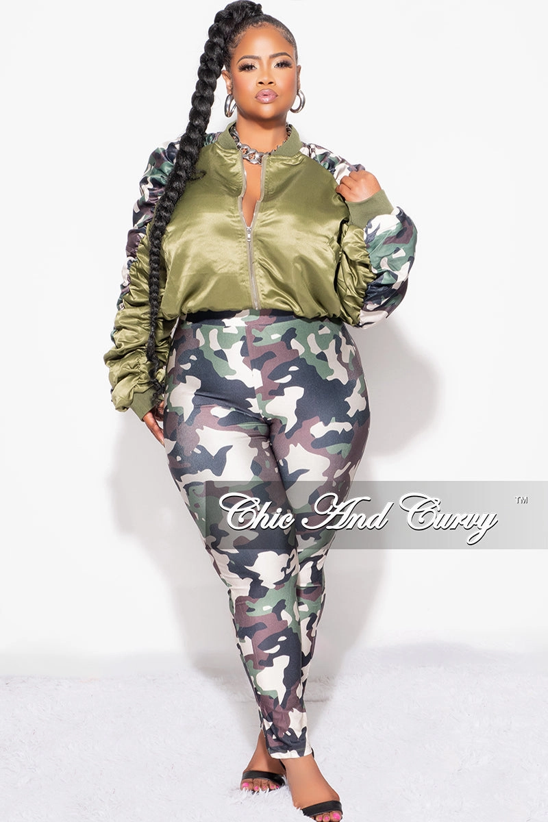 Final Sale Plus Size 2pc Satin Crop Zip Up Jacket and Legging Set in Camouflage Print Breathable Design Denim finish