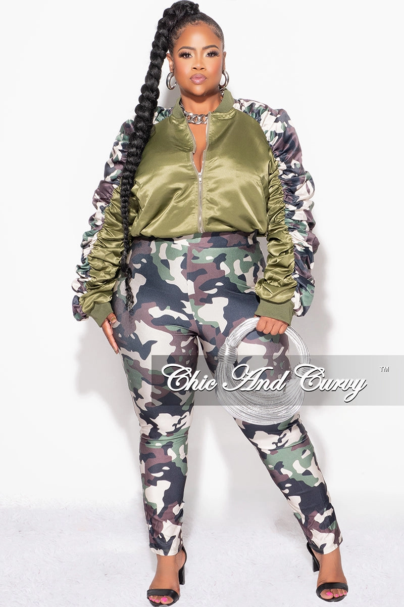 Final Sale Plus Size 2pc Satin Crop Zip Up Jacket and Legging Set in Camouflage Print Minimal Stretch Fit Easy Care Fabric