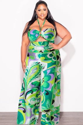 Light Wear Fit Tapered Look Final Sale Plus Size 2pc Satin Halter Bra Top and Palazzo Pants in Multi Color Green Design Print