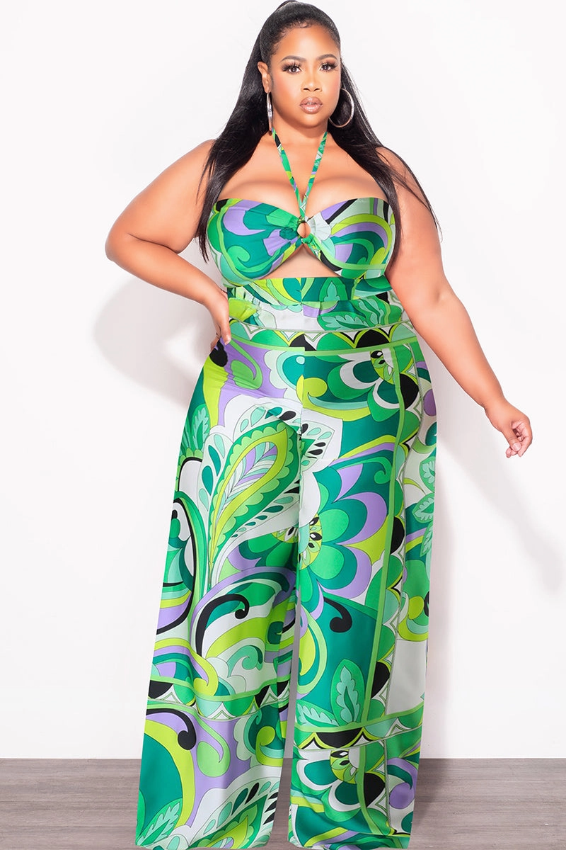 All Season Fit Final Sale Plus Size 2pc Satin Halter Bra Top and Palazzo Pants in Multi Color Green Design Print