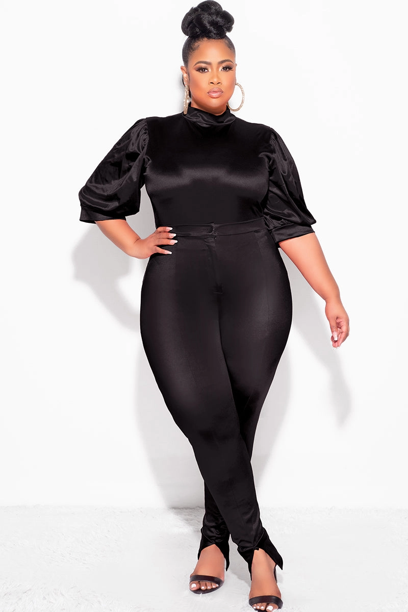 Final Sale Plus Size 2pc Satin Puffy Short Sleeve Bodysuit and Pants Set in Black Customizable length Cozy And Stylish