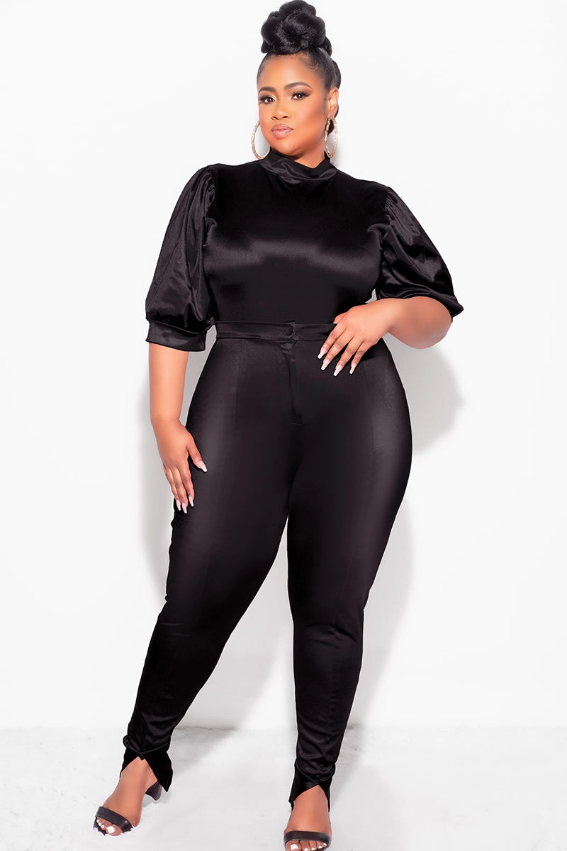 Refined fit Adjustable Fit Final Sale Plus Size 2pc Satin Puffy Short Sleeve Bodysuit and Pants Set in Black