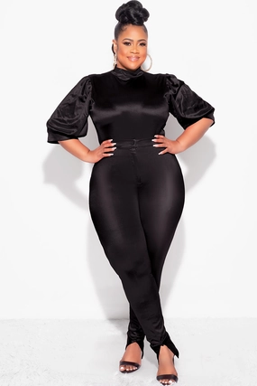 Lightweight Weave Functional fashion wear Final Sale Plus Size 2pc Satin Puffy Short Sleeve Bodysuit and Pants Set in Black