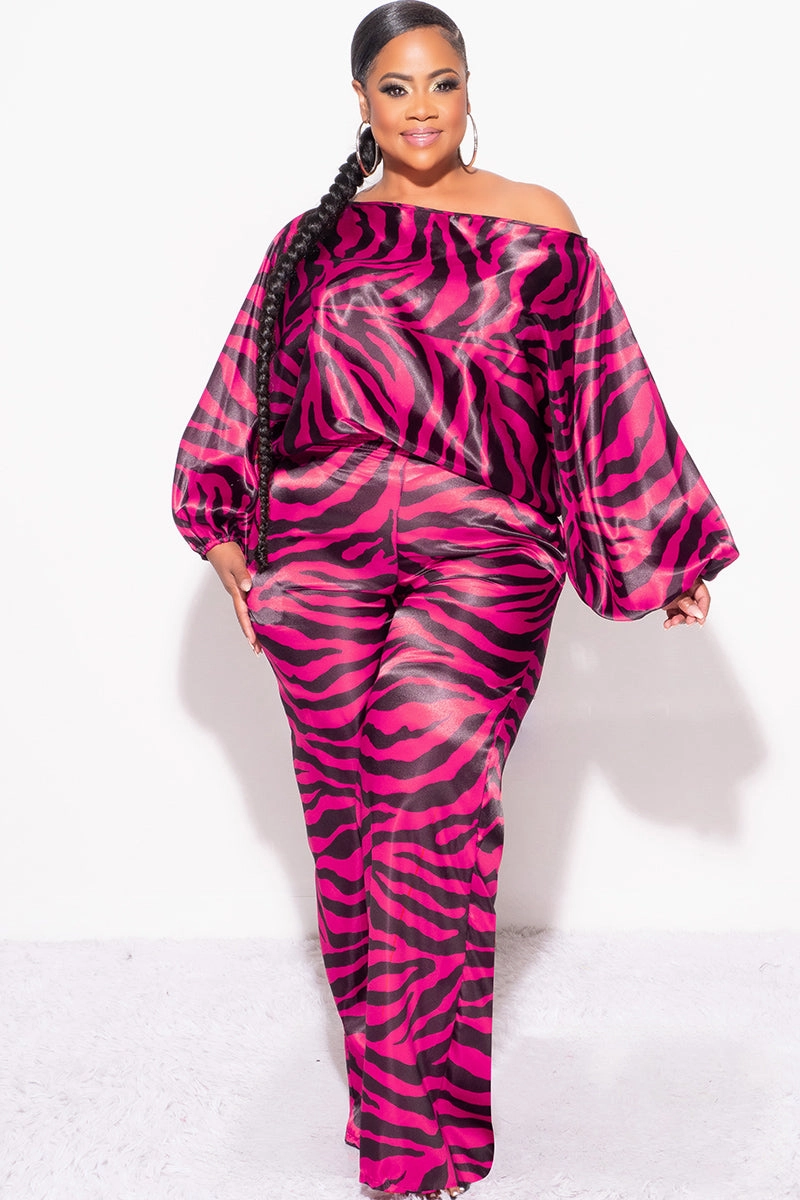 Final Sale Plus Size 2pc Satin Top and Palazzo Pants Set in Fuchsia and Black Zebra Print Moisture Lock Technology Multi-way wear