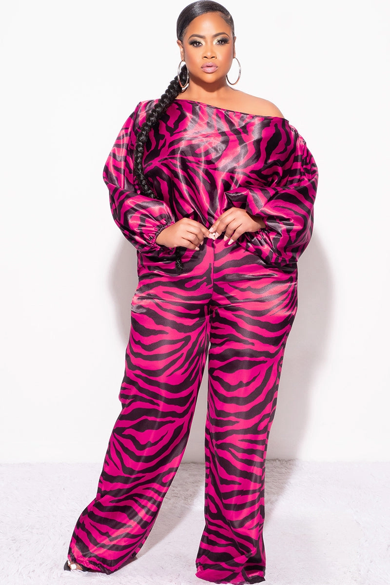 Tailored Wear Final Sale Plus Size 2pc Satin Top and Palazzo Pants Set in Fuchsia and Black Zebra Print