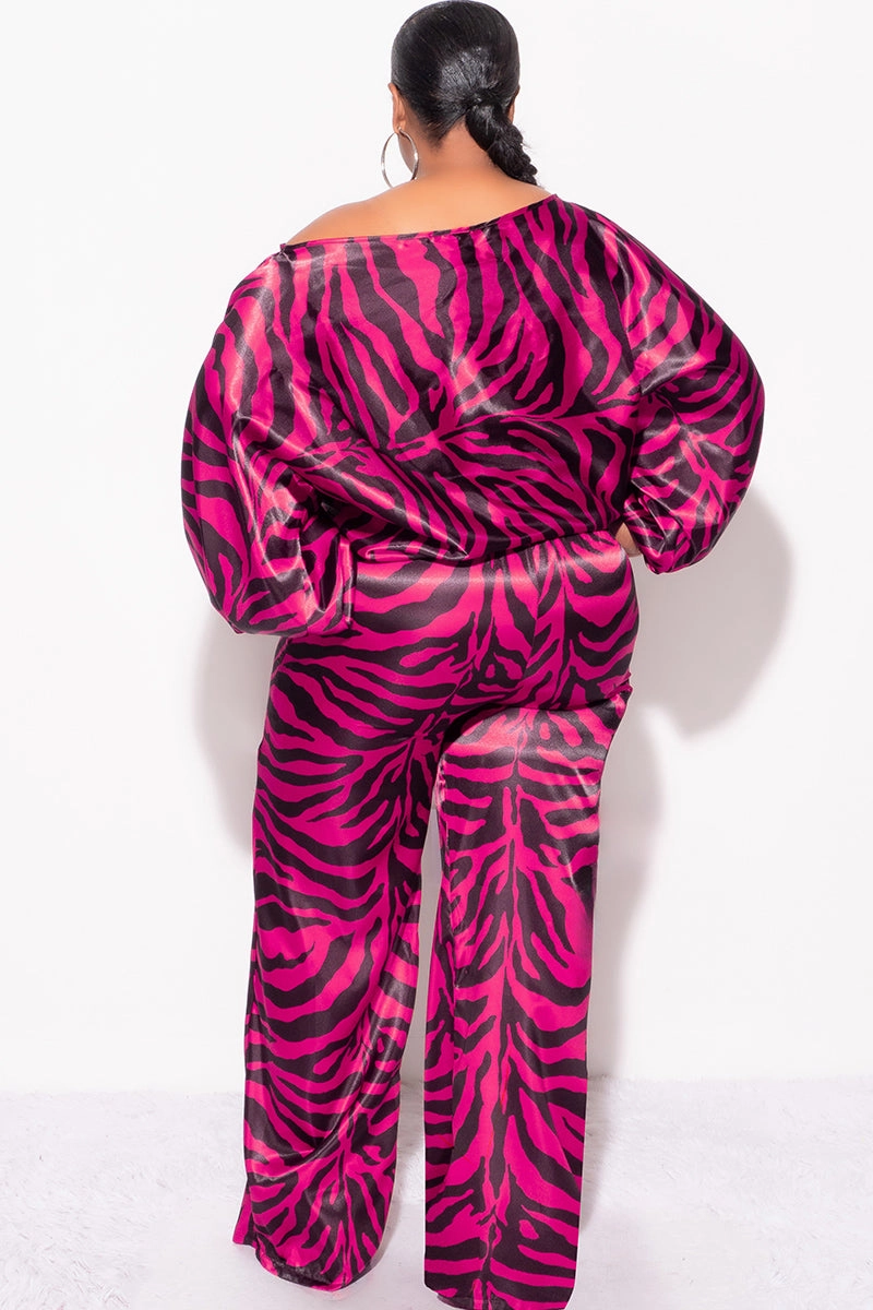 Stretch Waist Effortless Design Final Sale Plus Size 2pc Satin Top and Palazzo Pants Set in Fuchsia and Black Zebra Print