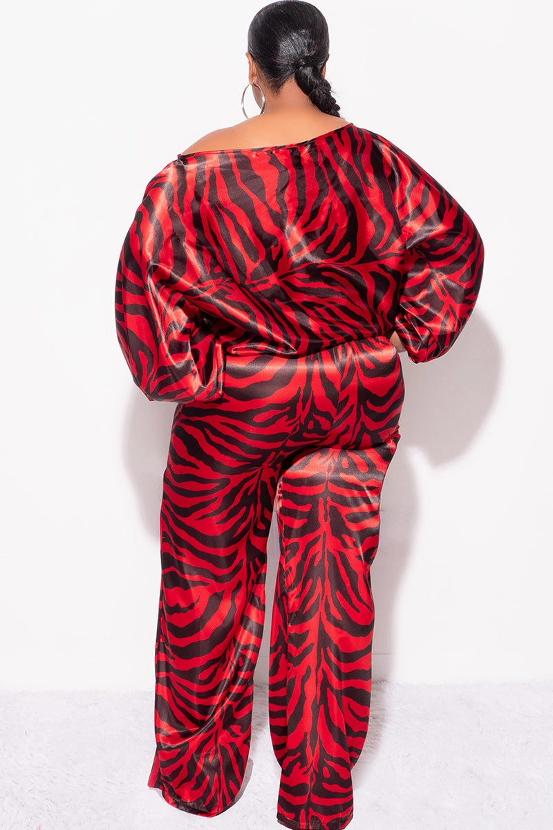DurableConstruction Final Sale Plus Size 2pc Satin Top and Palazzo Pants Set in Red and Black Zebra Print