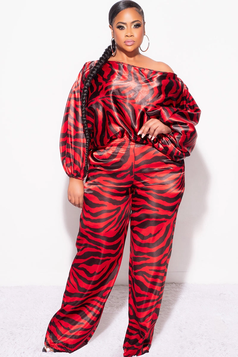 Final Sale Plus Size 2pc Satin Top and Palazzo Pants Set in Red and Black Zebra Print QuickDryTech