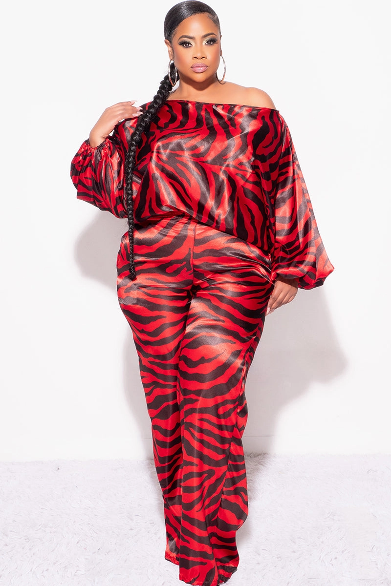 Final Sale Plus Size 2pc Satin Top and Palazzo Pants Set in Red and Black Zebra Print Functional Layer Crisp Design