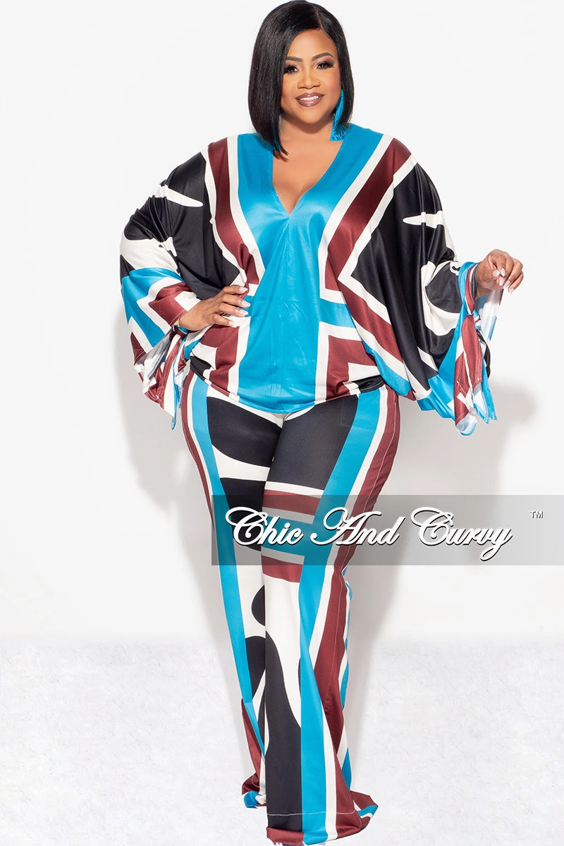Final Sale Plus Size 2pc Satin Top and Palazzo Pants Set in Turquoise Design Versatile Fashion Active Comfort Fit