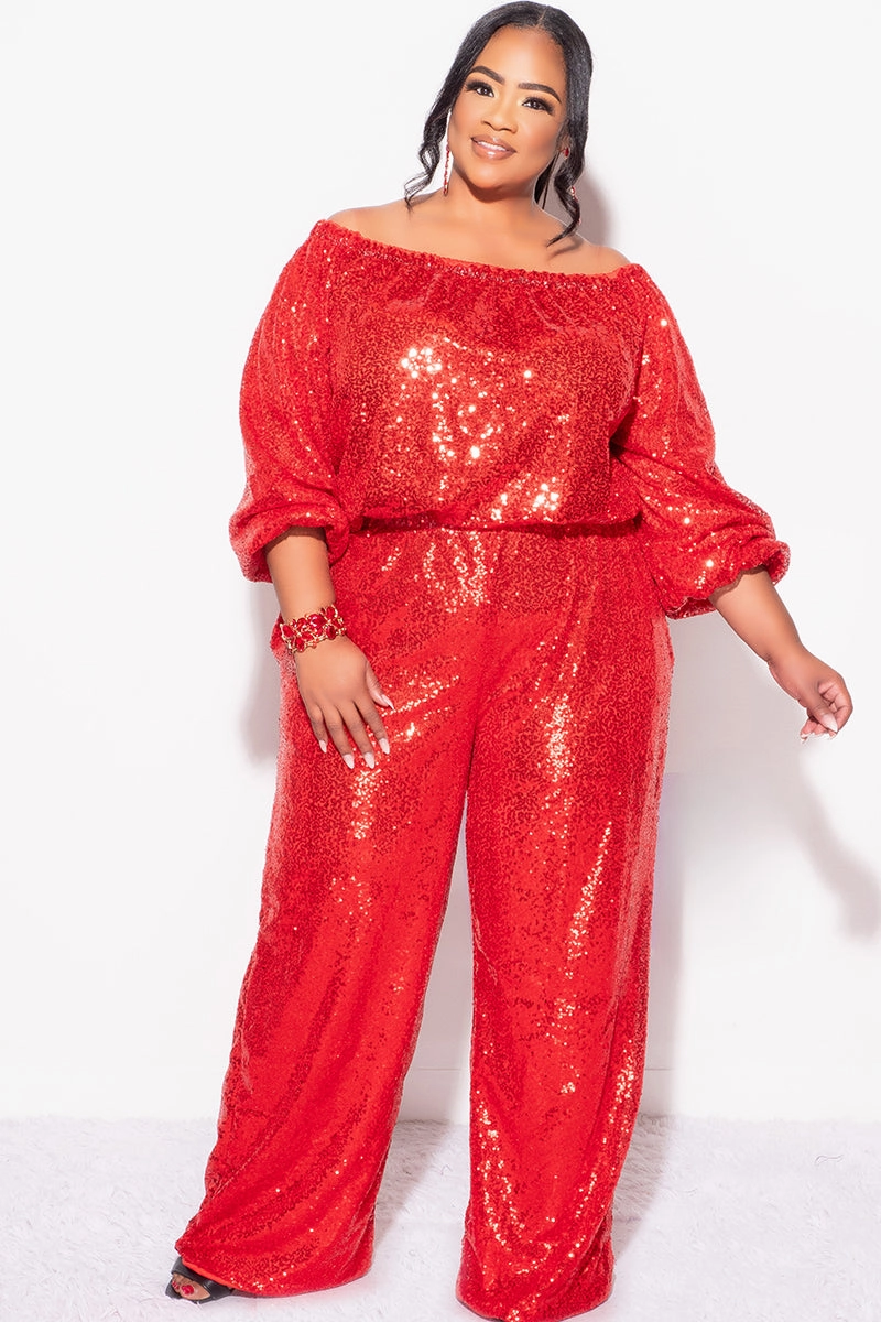 Final Sale Plus Size 2pc Sequin Top and Pants Set in Red Quick Drying