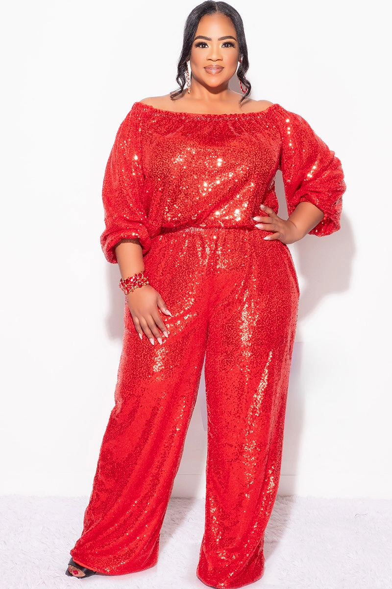 Final Sale Plus Size 2pc Sequin Top and Pants Set in Red Bound Edges
