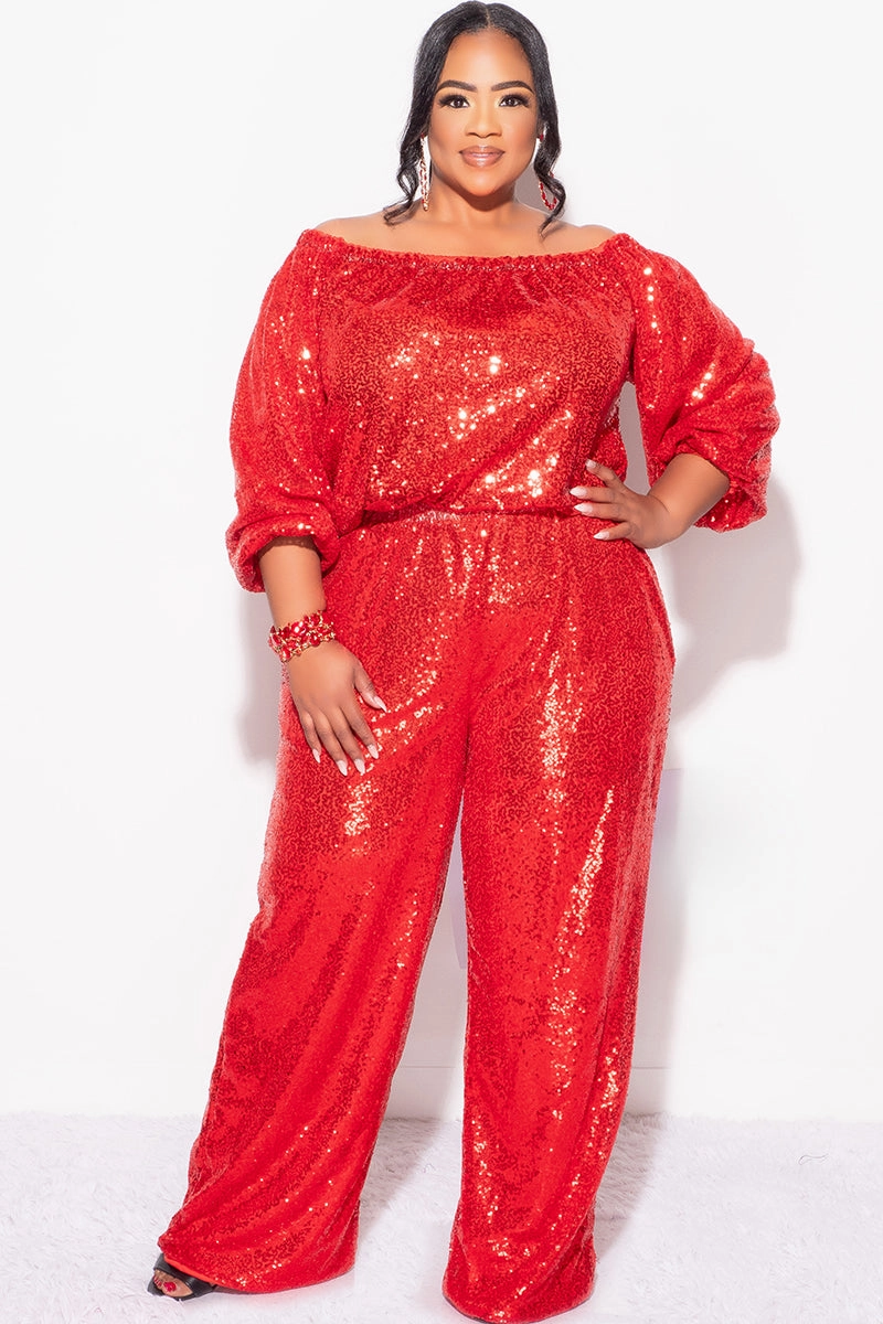 Final Sale Plus Size 2pc Sequin Top and Pants Set in Red Soft Support Chill Comfort Fit