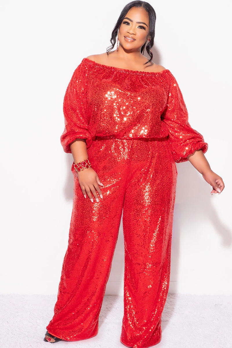 Final Sale Plus Size 2pc Sequin Top and Pants Set in Red NonFade Dye