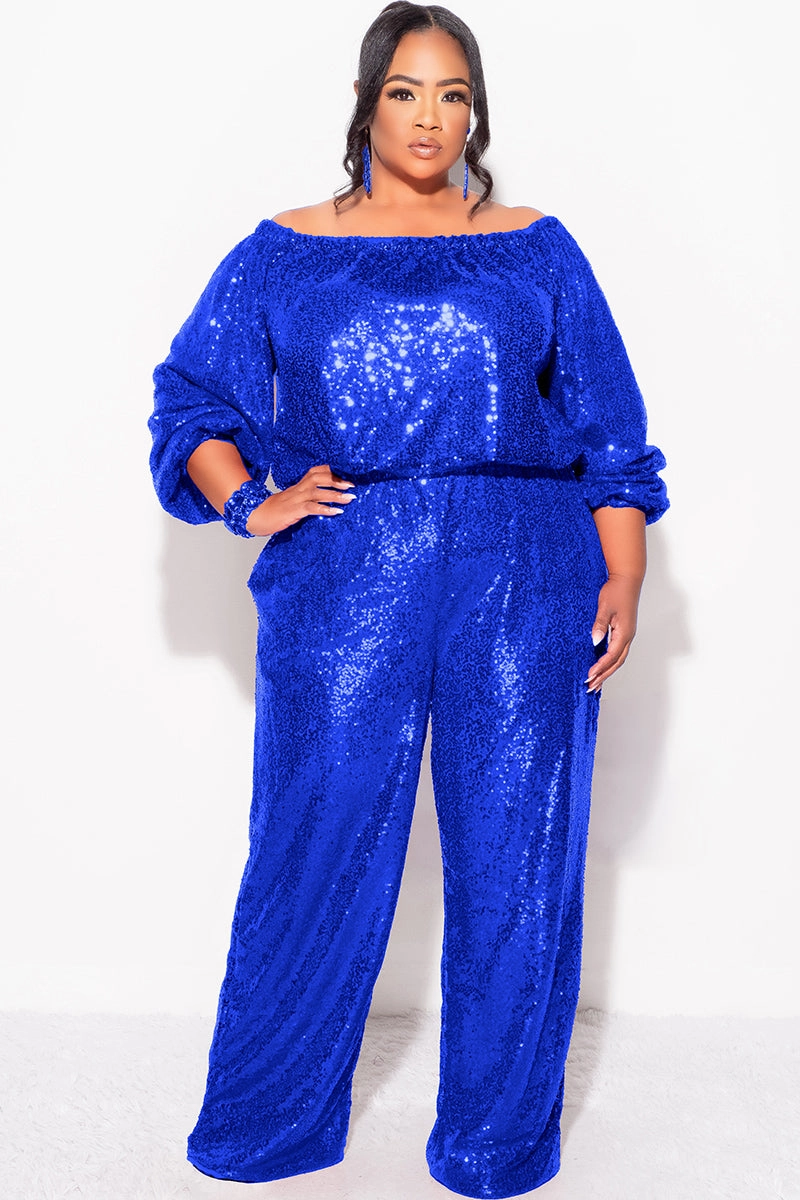 Stretchable Blend Final Sale Plus Size 2pc Sequin Top and Pants Set in ROYAL BLUE