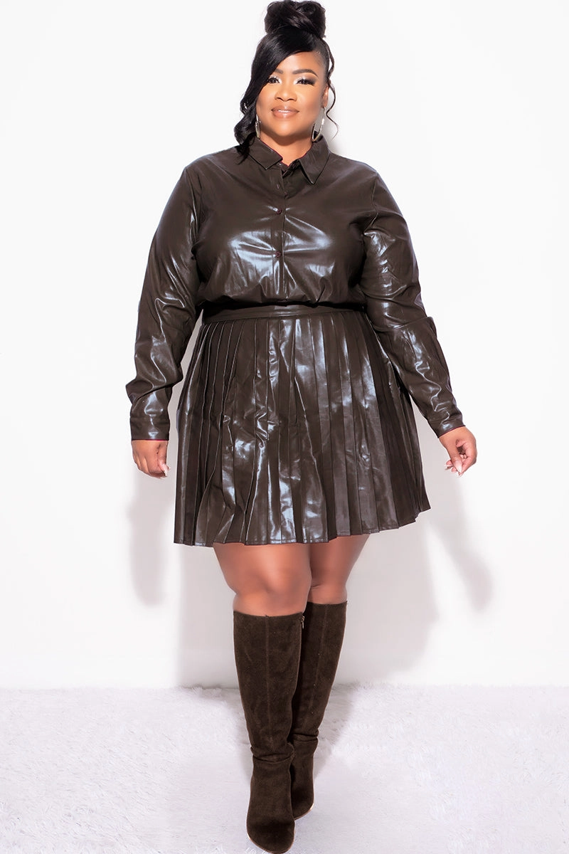 Final Sale Plus Size 2Pc Set Button Up Top With Pleated Skirt in Chocolate Brown Casual Stretch Wear quick dry