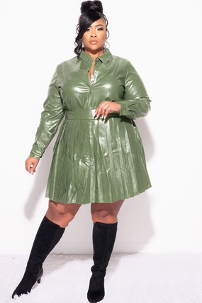 Easy Match Smart Fit Final Sale Plus Size 2Pc Set Button Up Top With Pleated Skirt in Olive
