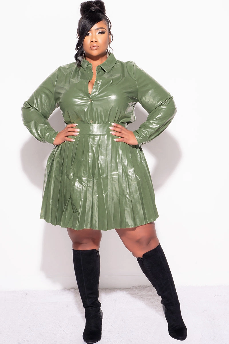 Final Sale Plus Size 2Pc Set Button Up Top With Pleated Skirt in Olive Rugged Comfort