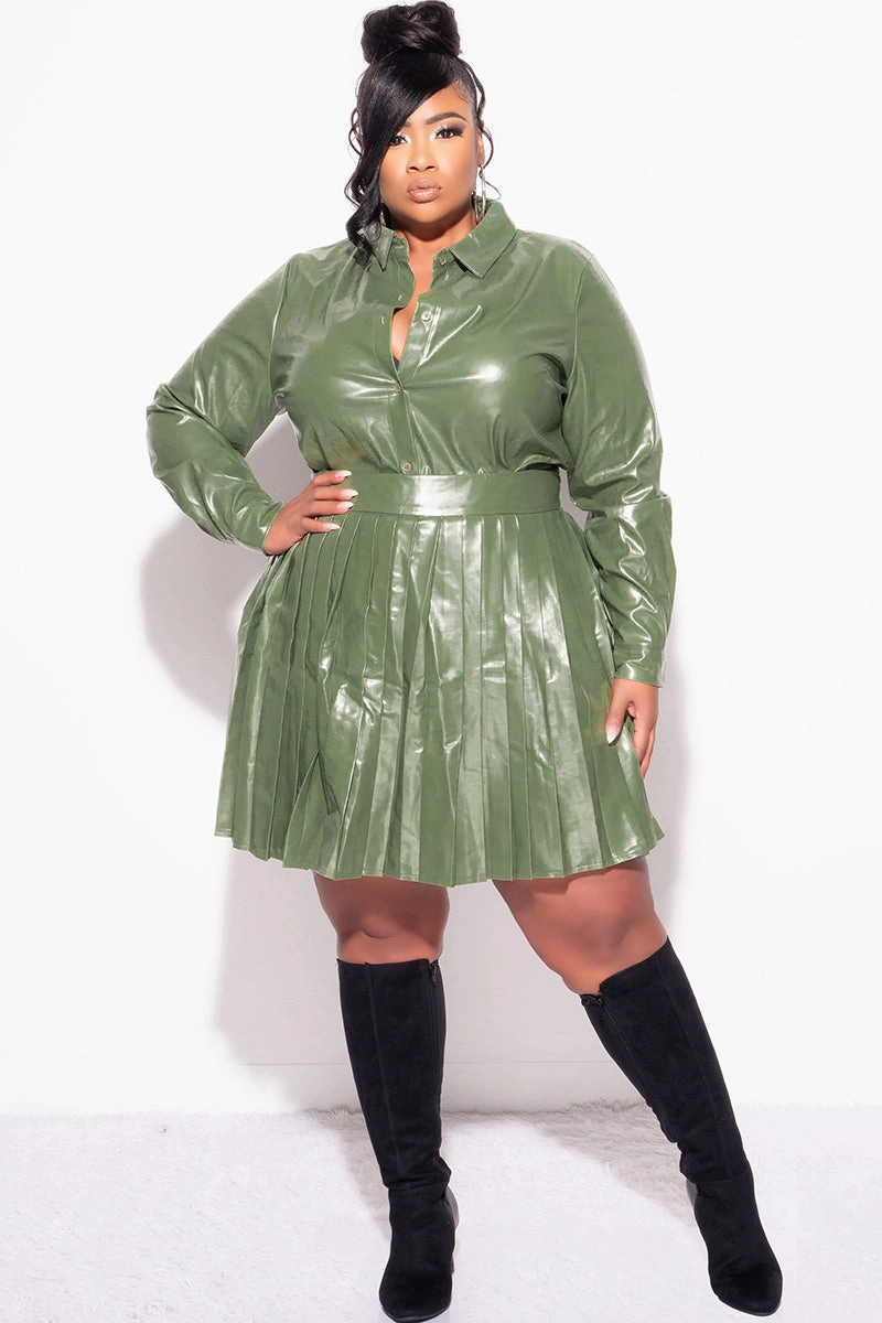 Final Sale Plus Size 2Pc Set Button Up Top With Pleated Skirt in Olive Modular Pocket System Warm Layer