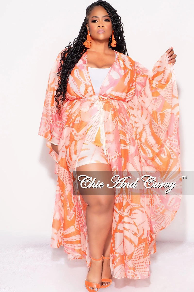 Easy Care LightweightInsulation Final Sale Plus Size 2pc Set Chiffon Cover Up / Duster & Matching Shorts in Orange & Pink