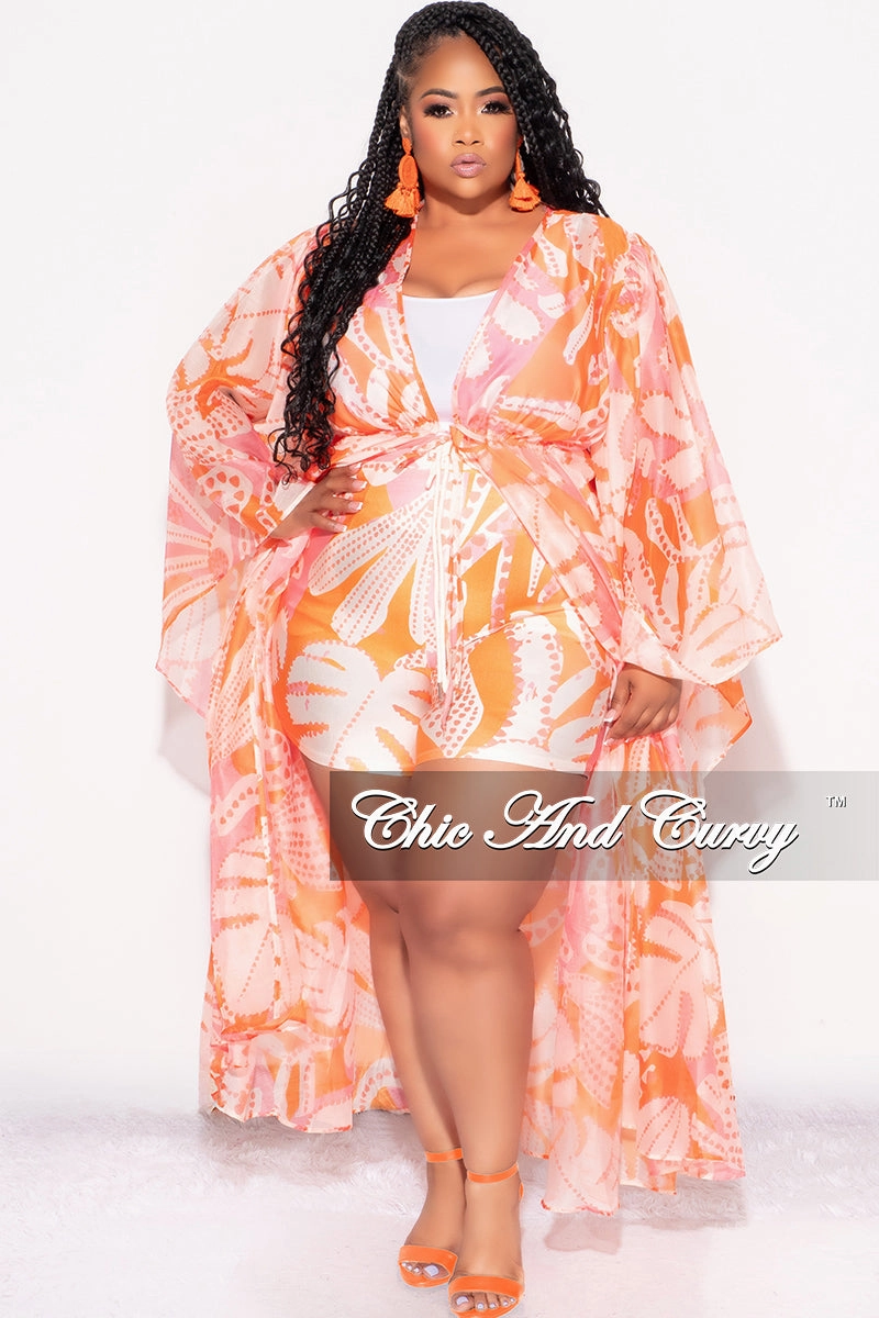 Final Sale Plus Size 2pc Set Chiffon Cover Up / Duster & Matching Shorts in Orange & Pink Stretchy Material Light wash