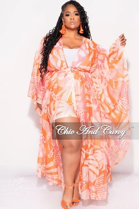 Easy Care LightweightInsulation Final Sale Plus Size 2pc Set Chiffon Cover Up / Duster & Matching Shorts in Orange & Pink