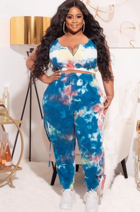 Tagless label Laser Cut Edges Final Sale Plus Size 2pc Set Cropped Tank and Jogger in Blue Tie Dye
