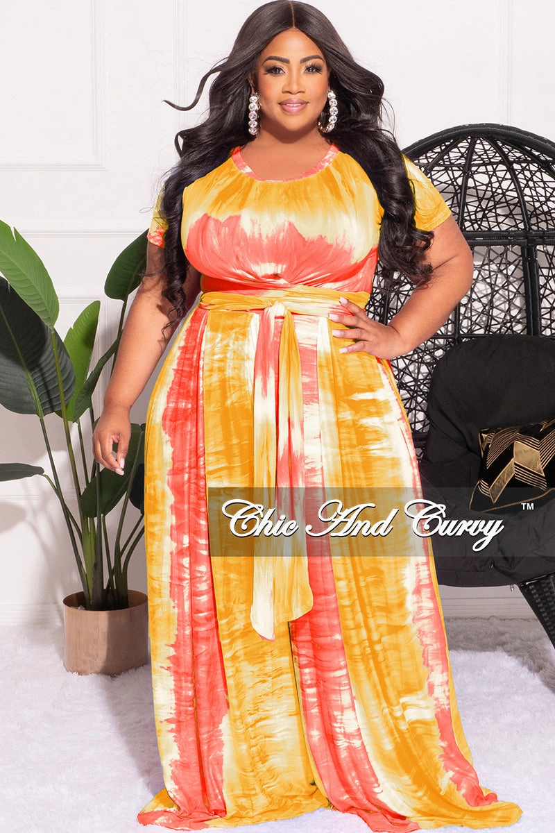 Final Sale Plus Size 2pc Set Cropped Tie Top & Pants in Yellow Pink and White Tie Dye Print On The Go