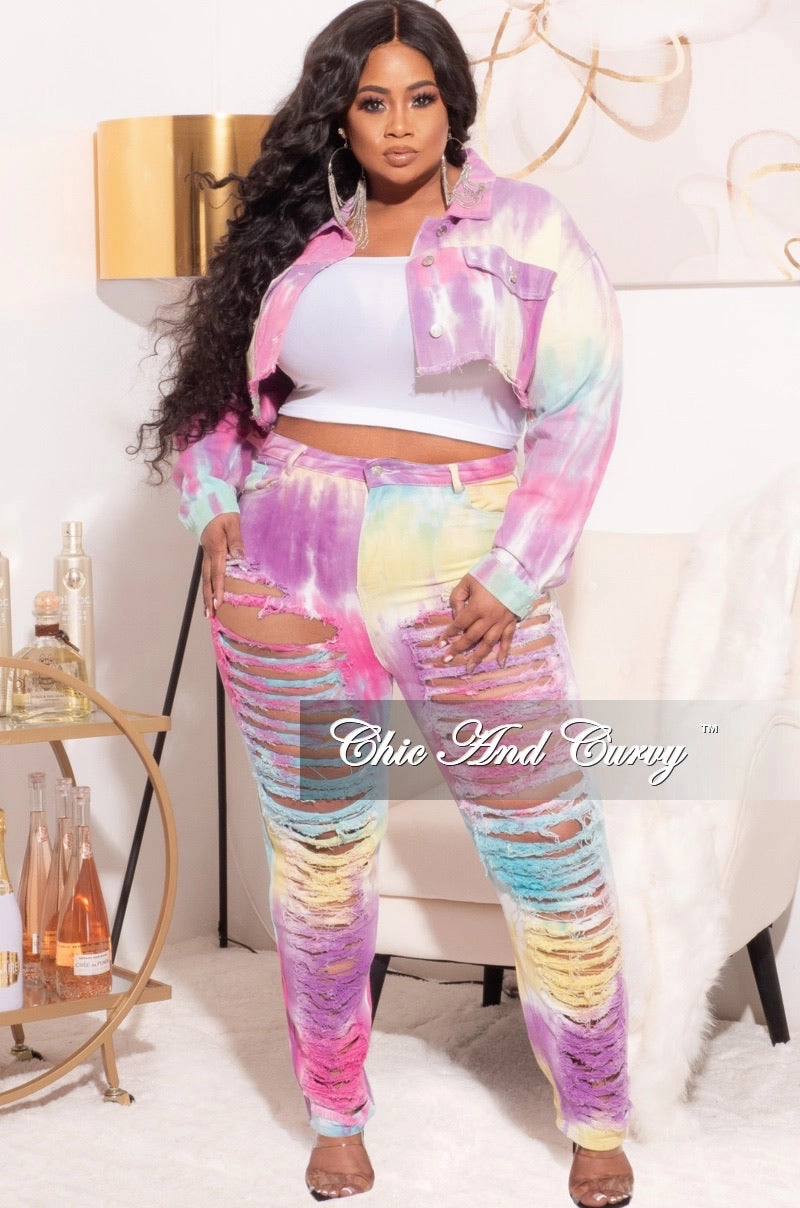 Final Sale Plus Size 2pc Set Distressed Denim Jacket & Pants in Pastel Tie Dye TouchscreenCompatiblePockets High Mobility