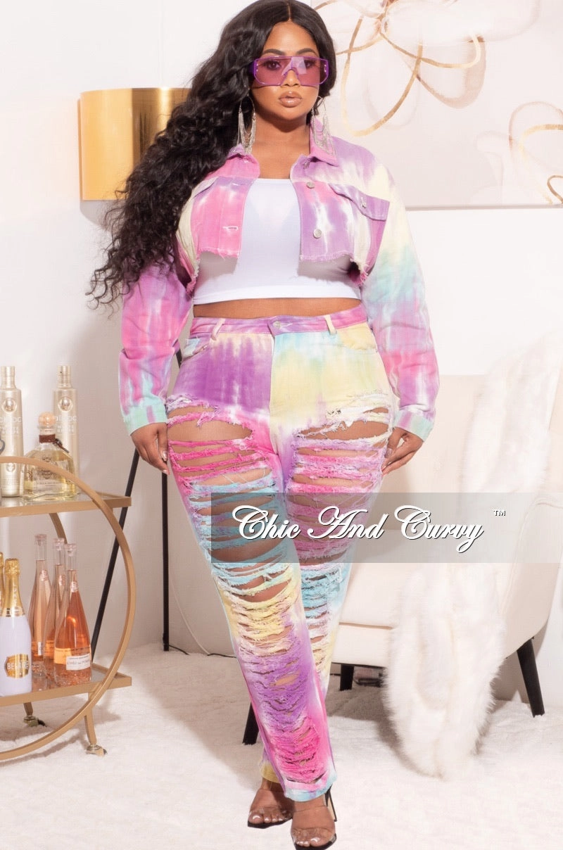 Final Sale Plus Size 2pc Set Distressed Denim Jacket & Pants in Pastel Tie Dye Multi Panel Construction Cozy Material